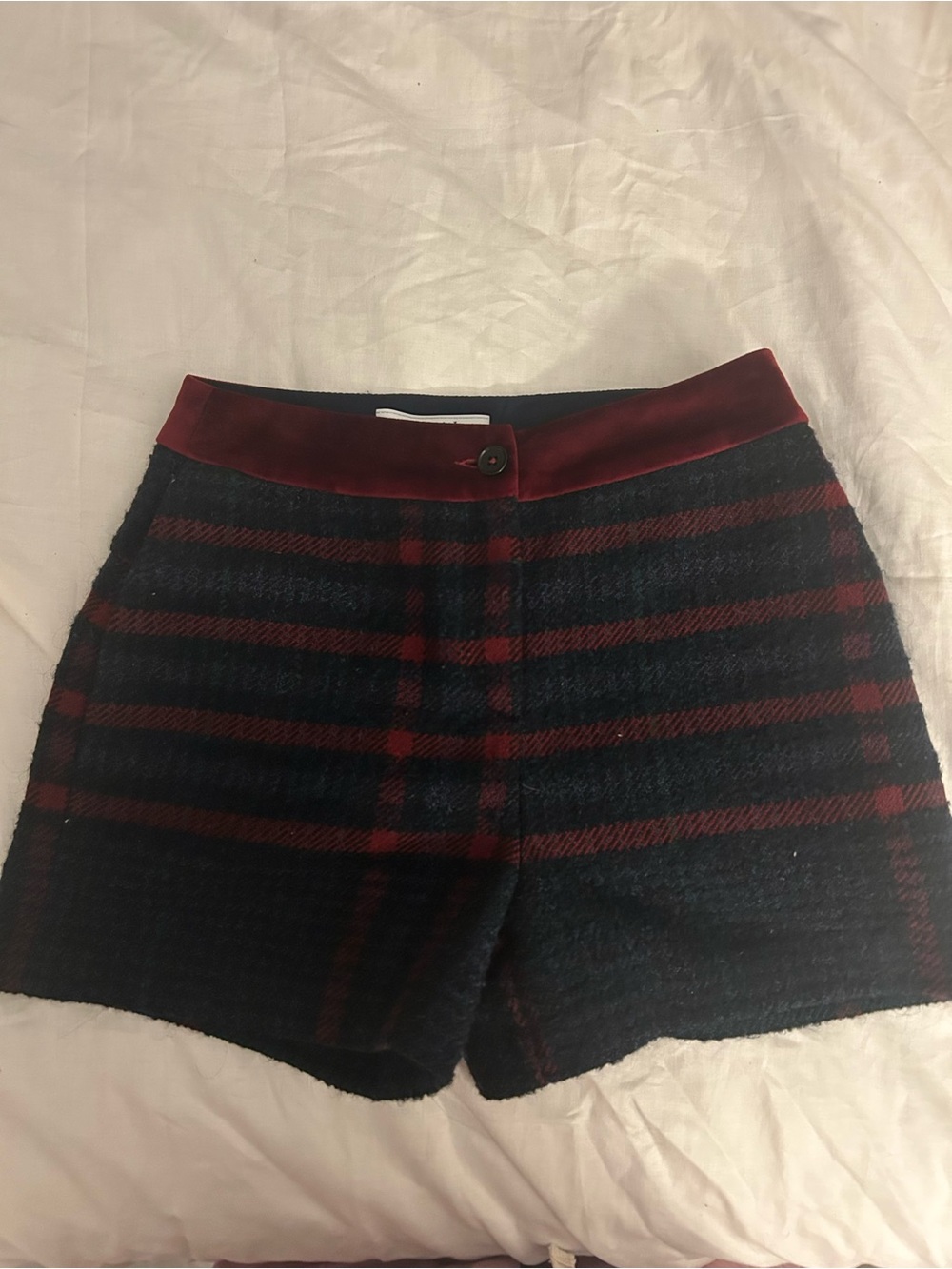 Blumarine Navy and Burgundy High-Waist Plaid Shorts